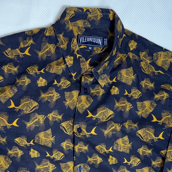 Vilebrequin Other - Vilebrequin Mens Navy Yellow Fish Skeleton Print Cotton Button Down Shirt M